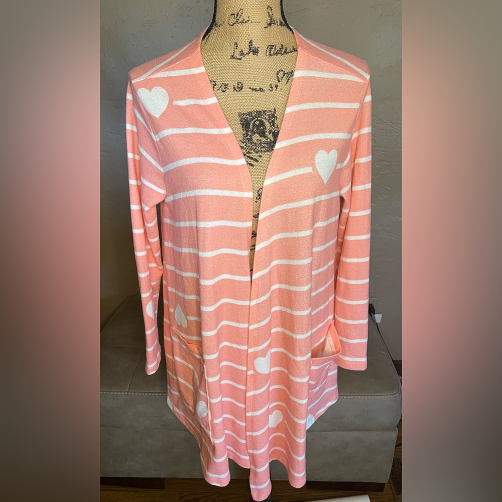 LuLaRoe Pink White Striped Duster Cardigan Great for layering Cute hearts Sz M
